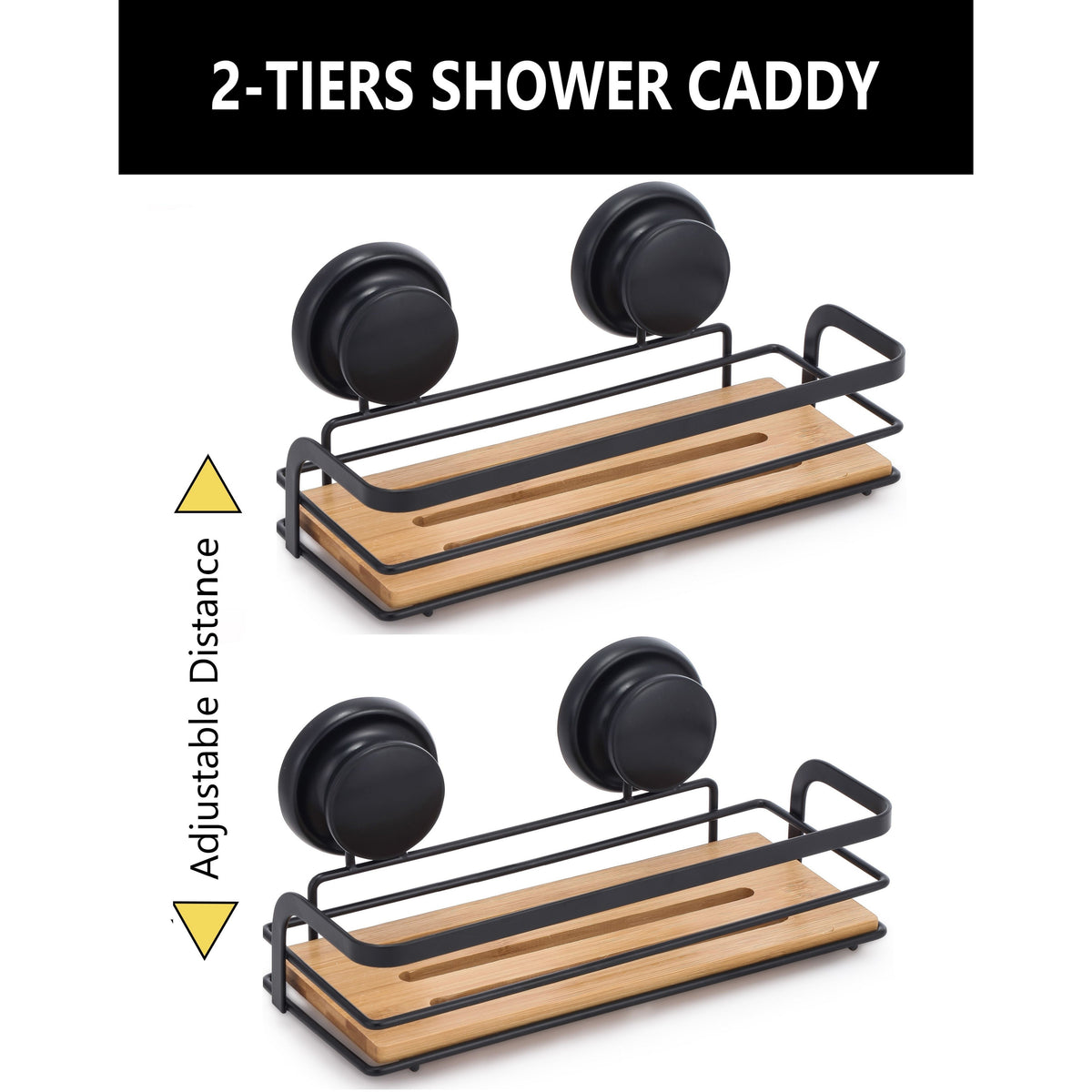 2 Pack Rectangular Bamboo Corner Shower Caddy Shelf Basket Rack with Premium Vacuum Suction Cup No-Drilling for Bathroom and Kitchen