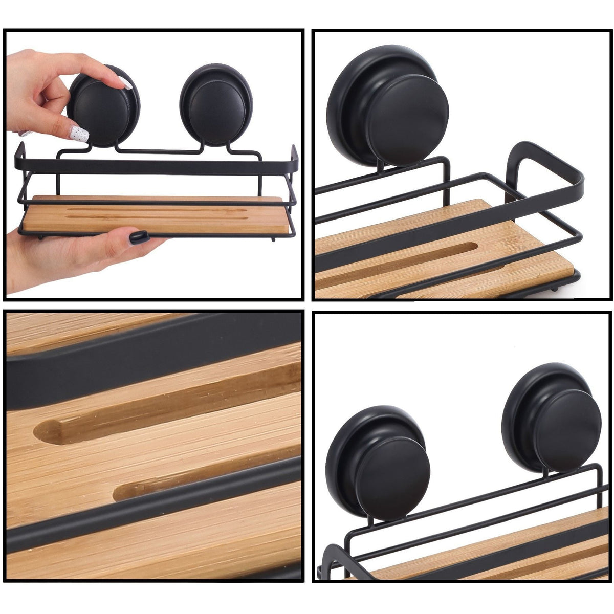 2 Pack Rectangular Bamboo Corner Shower Caddy Shelf Basket Rack with Premium Vacuum Suction Cup No-Drilling for Bathroom and Kitchen