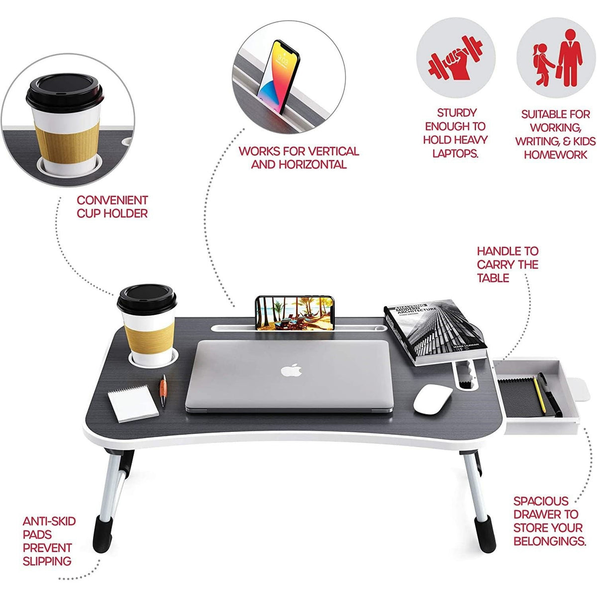 Laptop Bed Desk with Storage and foldable legs for Adults, Kids & Home Office