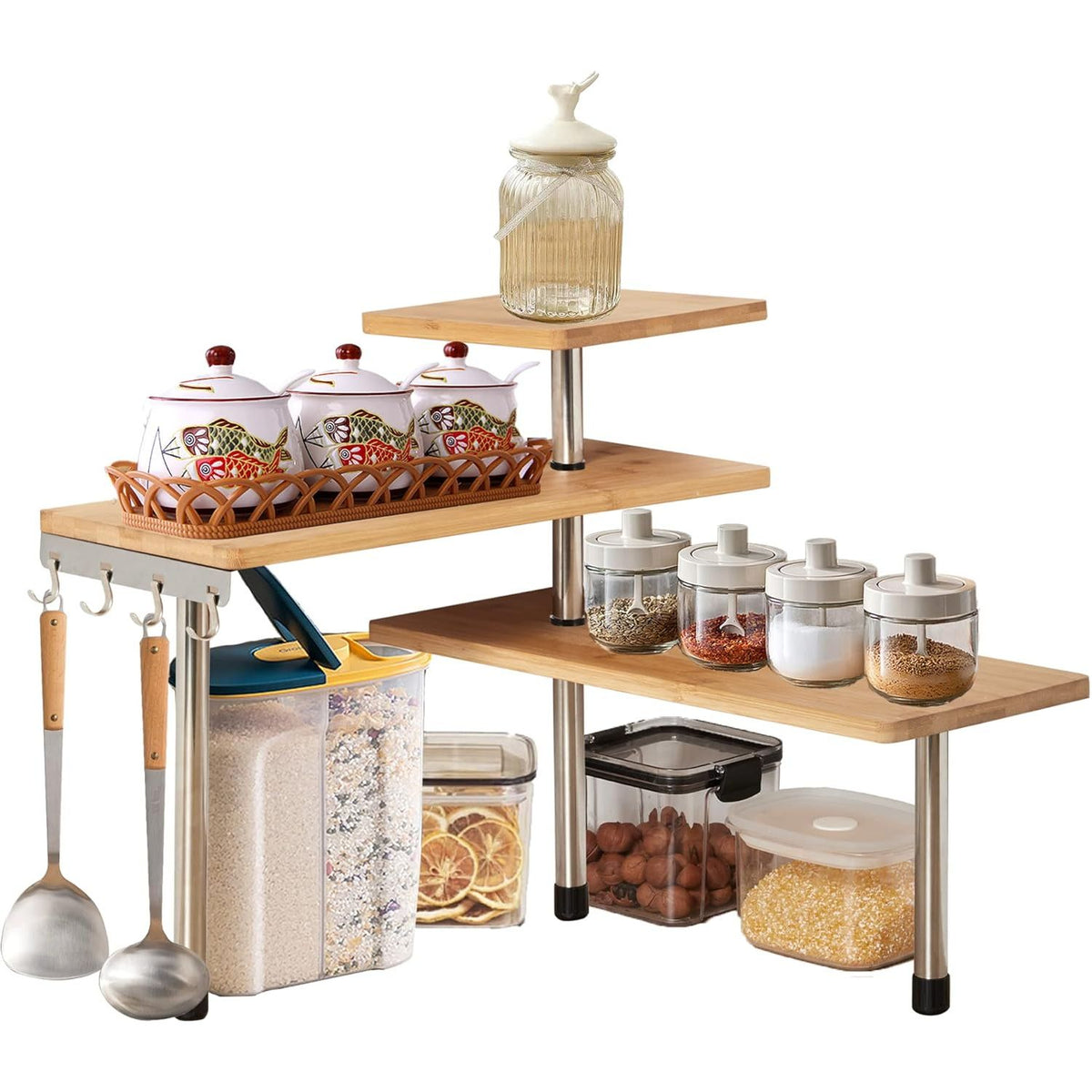 CARLA HOME 3 Tier Corner Shelf Kitchen Spice Rack Organiser with Hooks for Home Storage &amp; Organisation