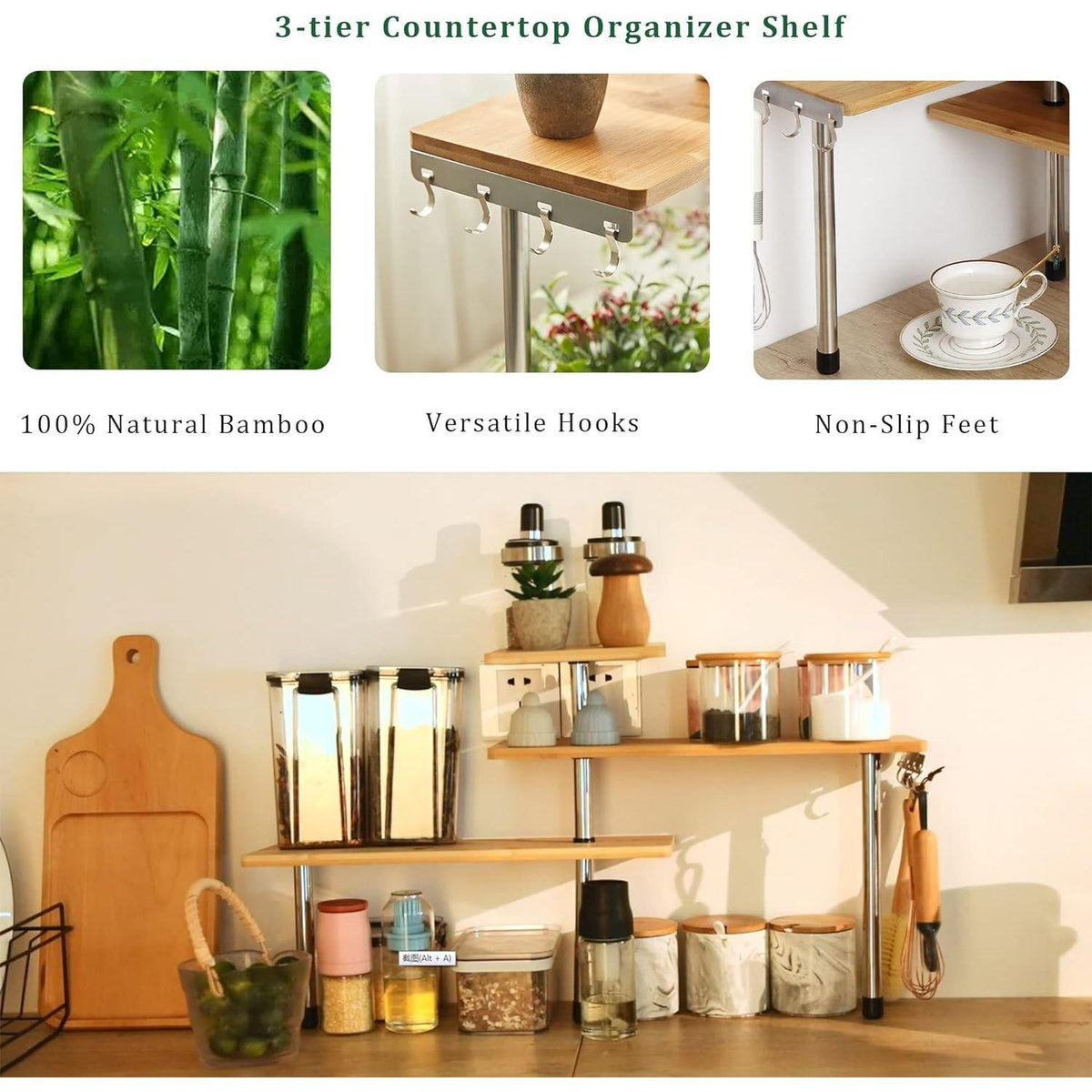 CARLA HOME 3 Tier Corner Shelf Kitchen Spice Rack Organiser with Hooks for Home Storage & Organisation