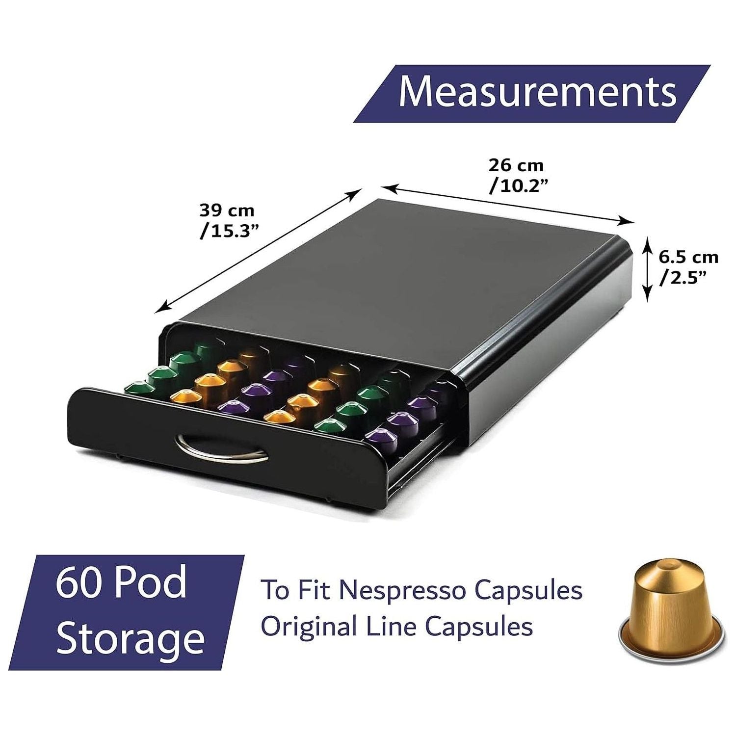 CARLA HOME Coffee Pods Holder Storage Drawer Compatible with 60 Nespresso Pods for Kitchen Storage & Organisation (Black)