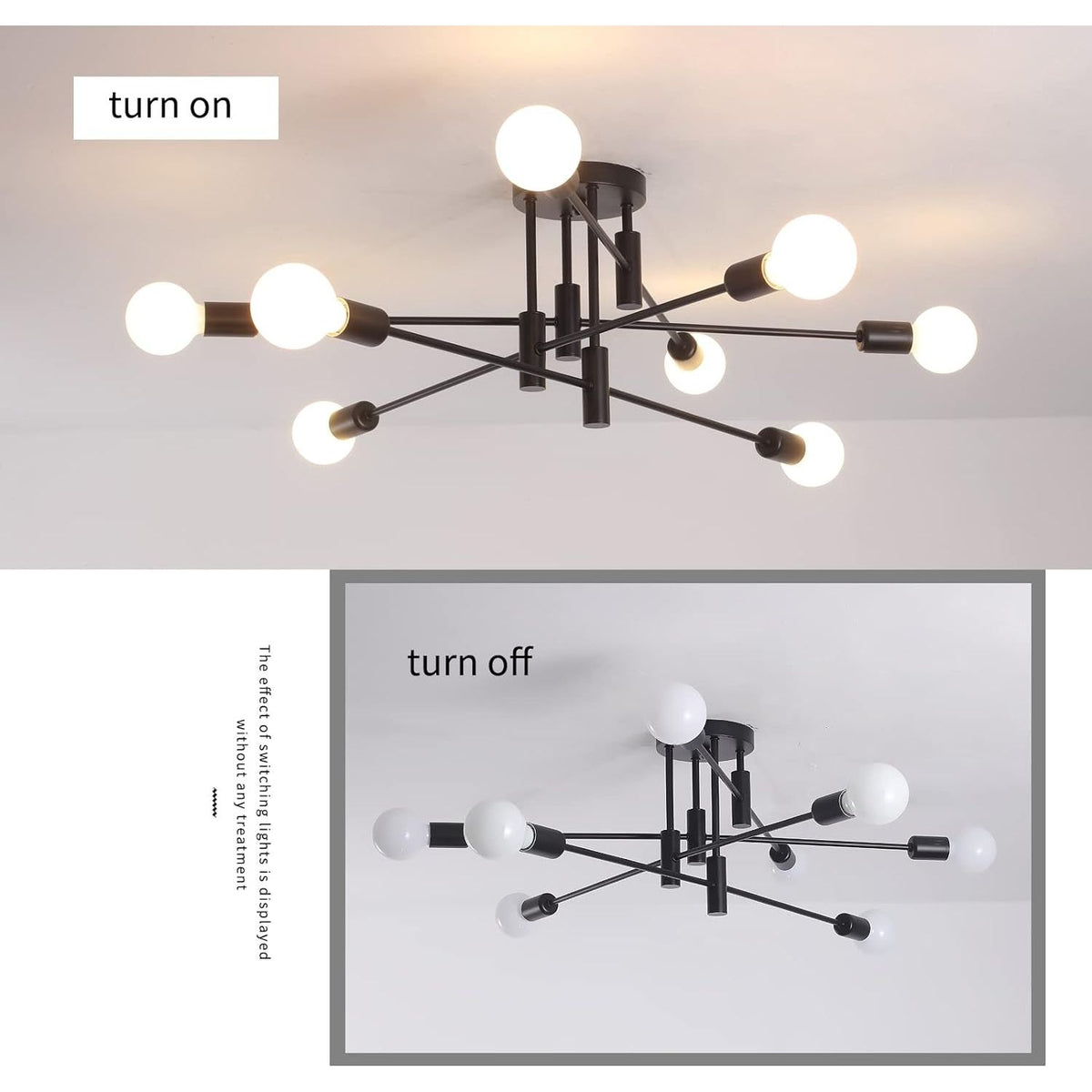 Modern Semi Flush Chandelier, 8 Light, Black