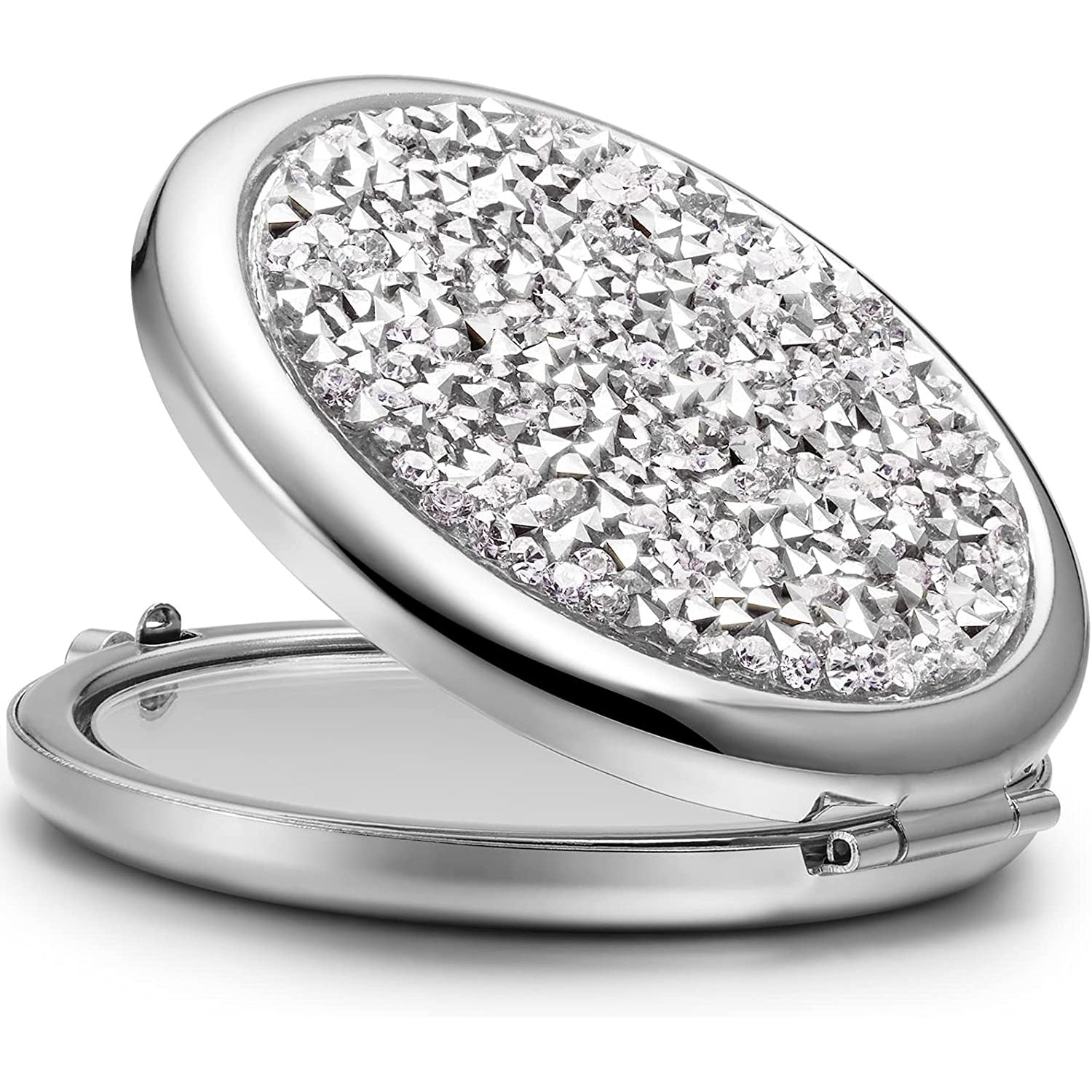 Mini Mix Diamond 1X/2X Magnifying Round Metal Pocket Makeup Mirror (Silver)