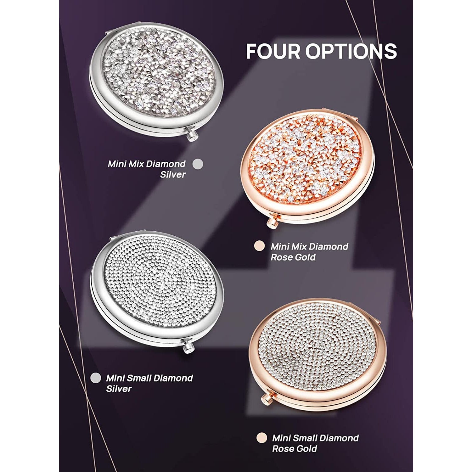 Mini Mix Diamond 1X/2X Magnifying Round Metal Pocket Makeup Mirror (Silver)