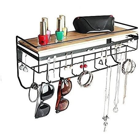 Wall Mount Hanging Jewelry Organizer with 9 Hooks (Black Metal)