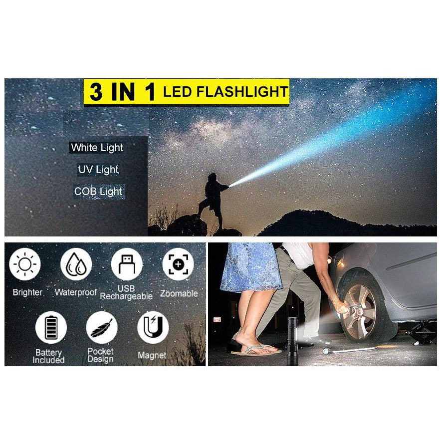 7 Modes Waterproof Rechargeable UV Light Flashlight Torch for Camping