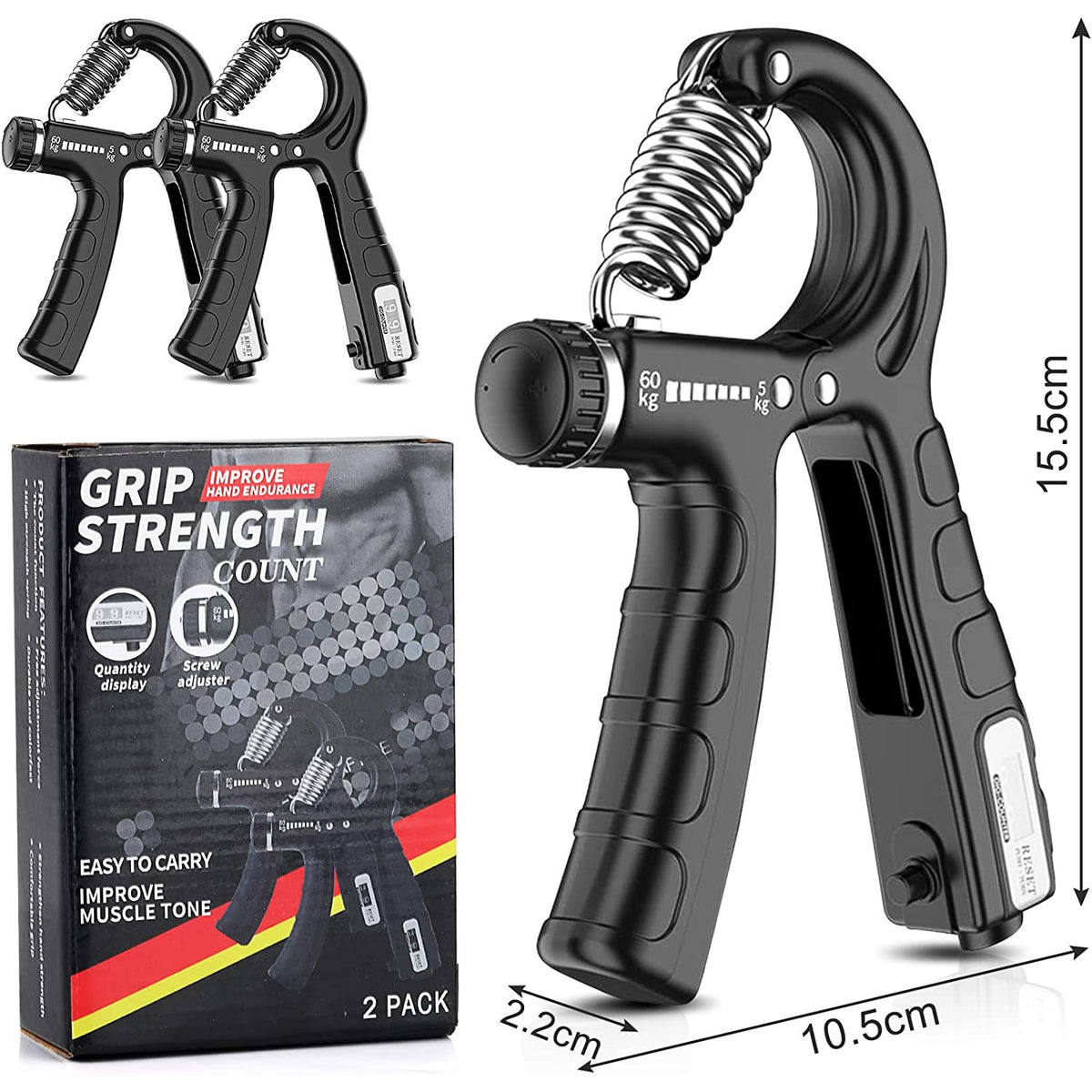 2 Pack Adjustable Hand Grip Strengthener for Hand Grip Strength and Wrist Rehabilitation (Resistance 5-60 kg)