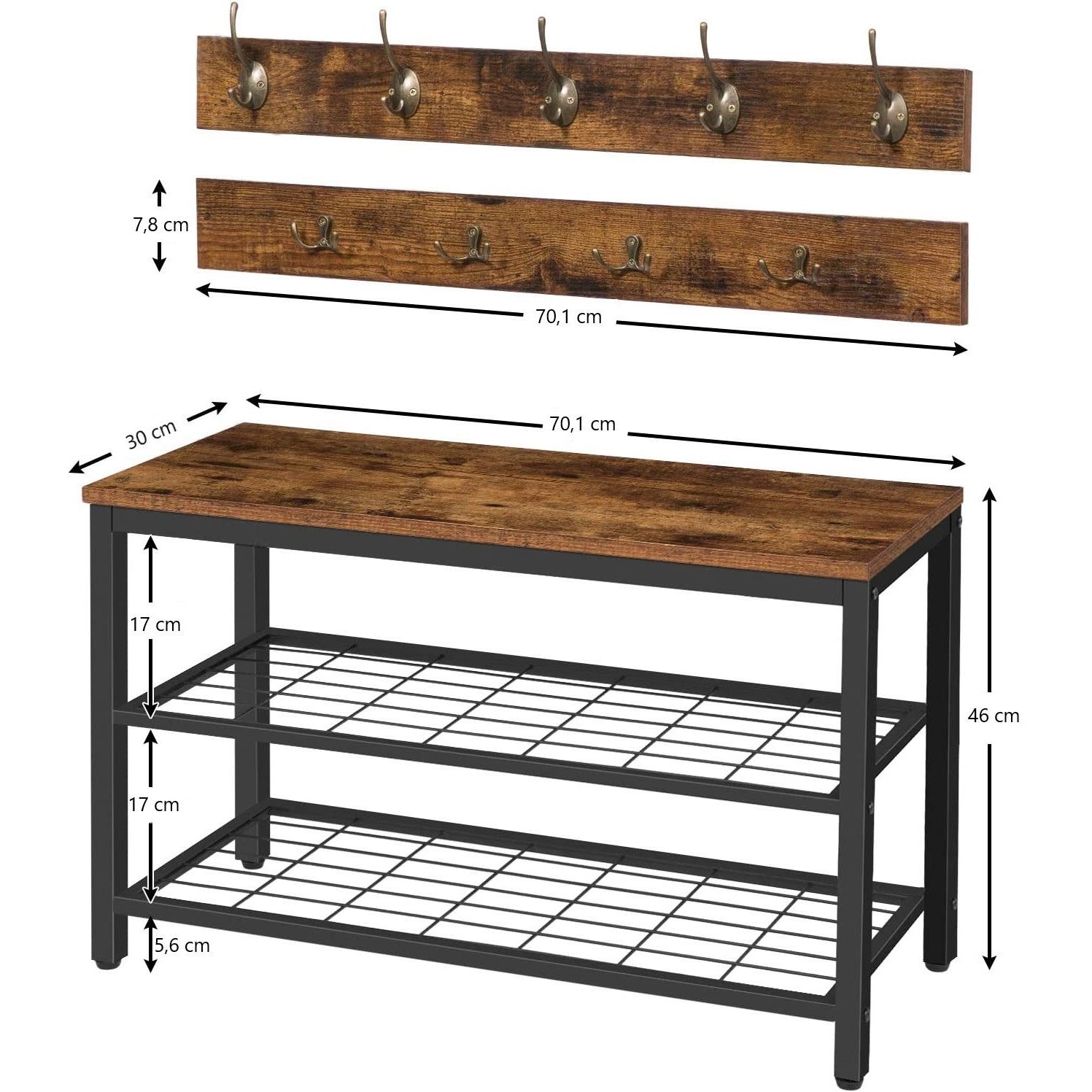 Industrial Design Entryway Shoe Rack with Coat Hooks Organizer (Brown)