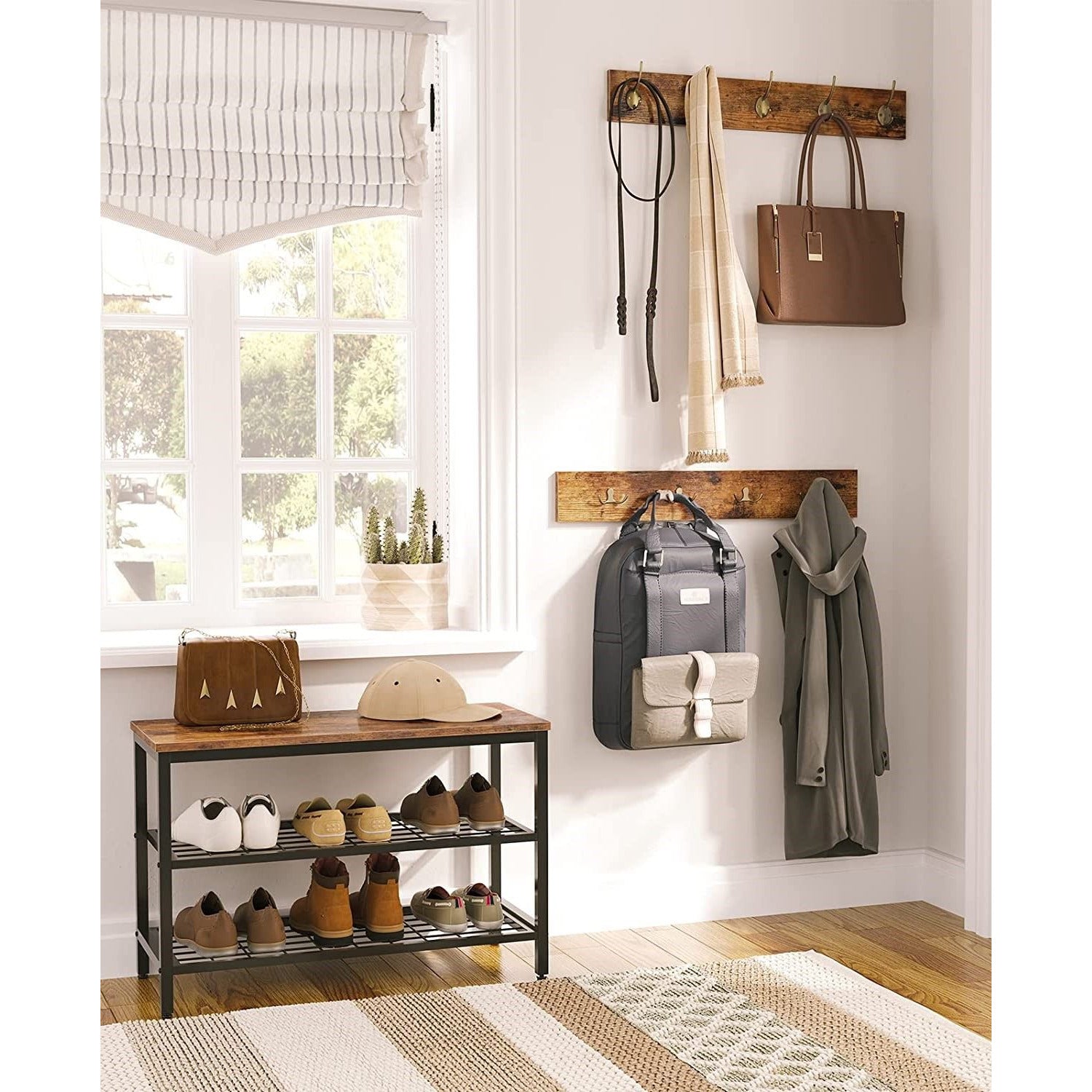 Industrial Design Entryway Shoe Rack with Coat Hooks Organizer (Brown)