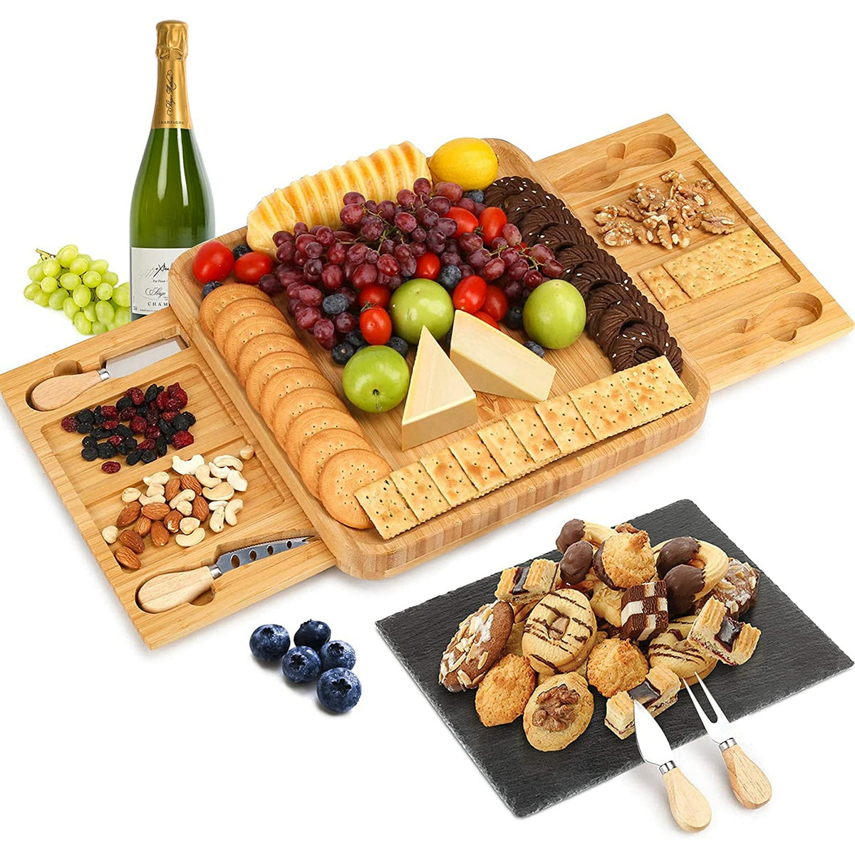Bamboo Cheese Board and Knife Set with Cutlery including Slate Rock Tray, 4 Stainless Steel Knife &amp; Thick Wooden tray