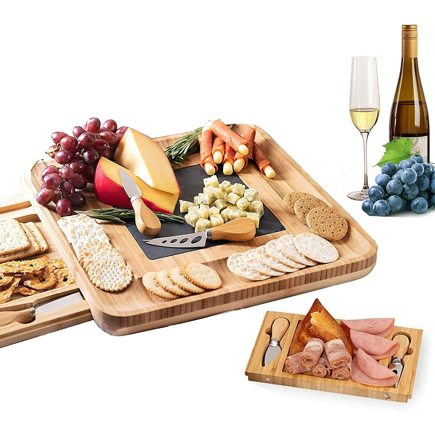 Bamboo Cheese Board and Knife Set with Cutlery including Slate Rock Tray, 4 Stainless Steel Knife & Thick Wooden tray