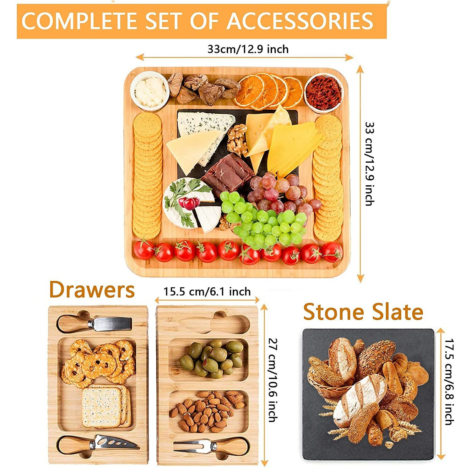 Bamboo Cheese Board and Knife Set with Cutlery including Slate Rock Tray, 4 Stainless Steel Knife & Thick Wooden tray