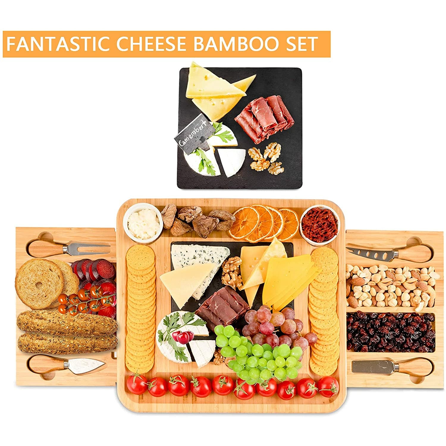 Bamboo Cheese Board and Knife Set with Cutlery including Slate Rock Tray, 4 Stainless Steel Knife & Thick Wooden tray