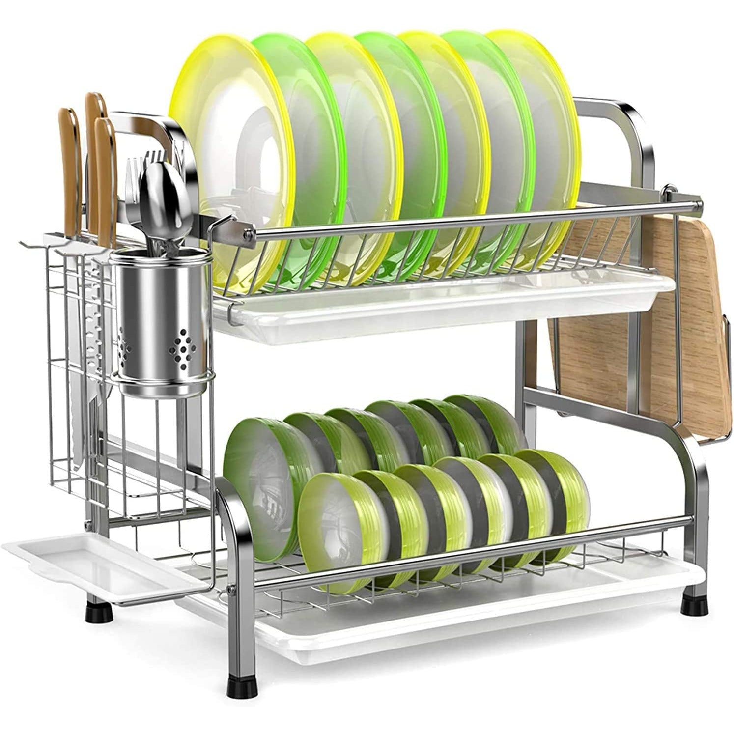 Stainless Steel 2-Tier Dish Drying Rack with Utensil Holder, Cutting Board Holder and Dish Drainer for Kitchen Counter (Silver)