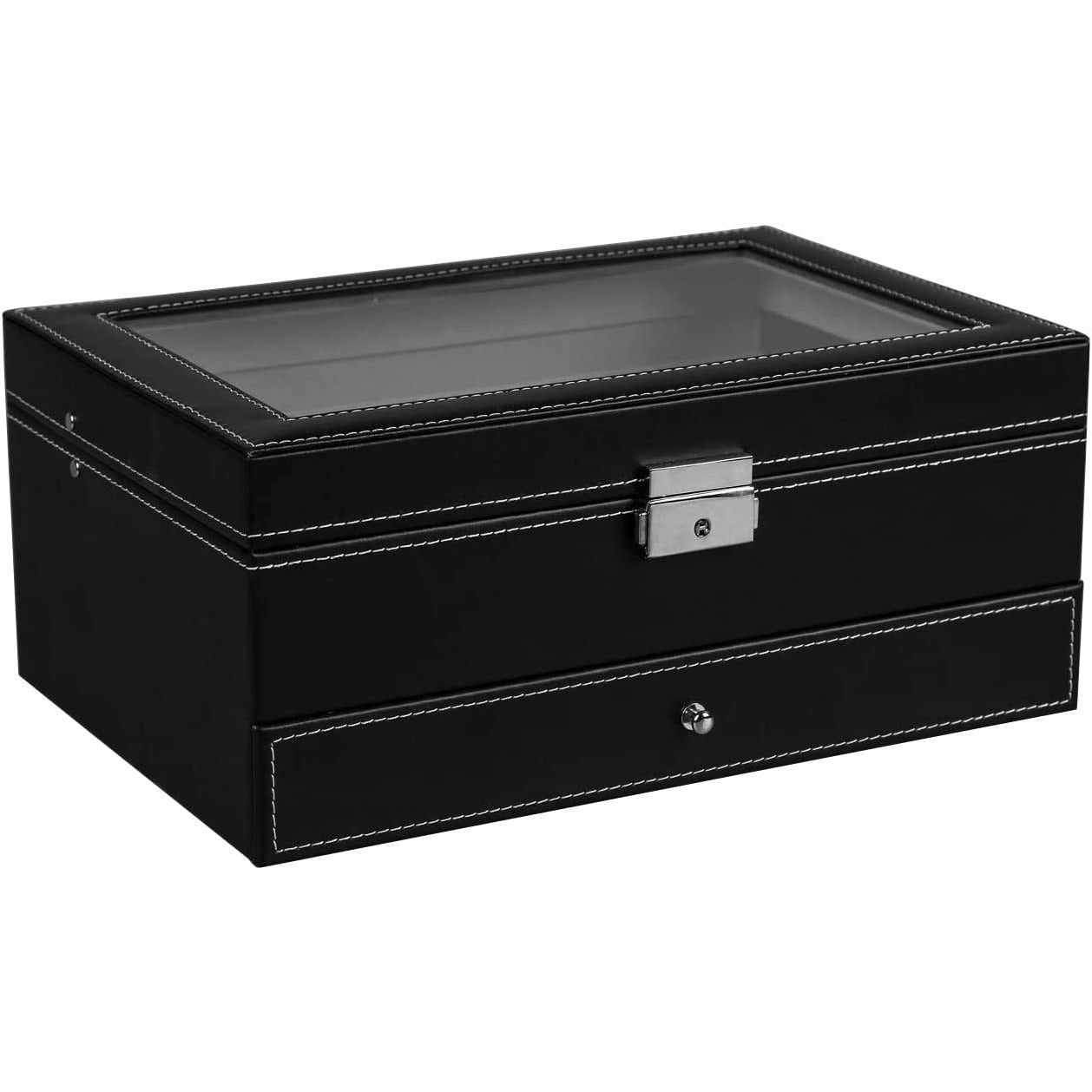 12 Slot PU Leather Lockable Watch and Jewelry Storage Boxes (Black)