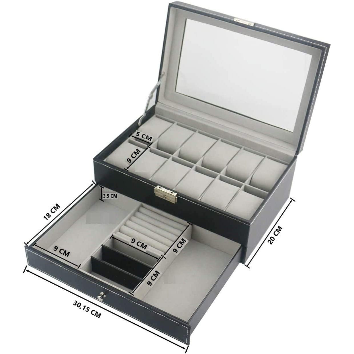 12 Slot PU Leather Lockable Watch and Jewelry Storage Boxes (Black)