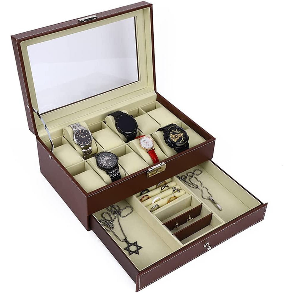 12 Slot PU Leather Lockable Watch and Jewelry Storage Boxes (Brown)