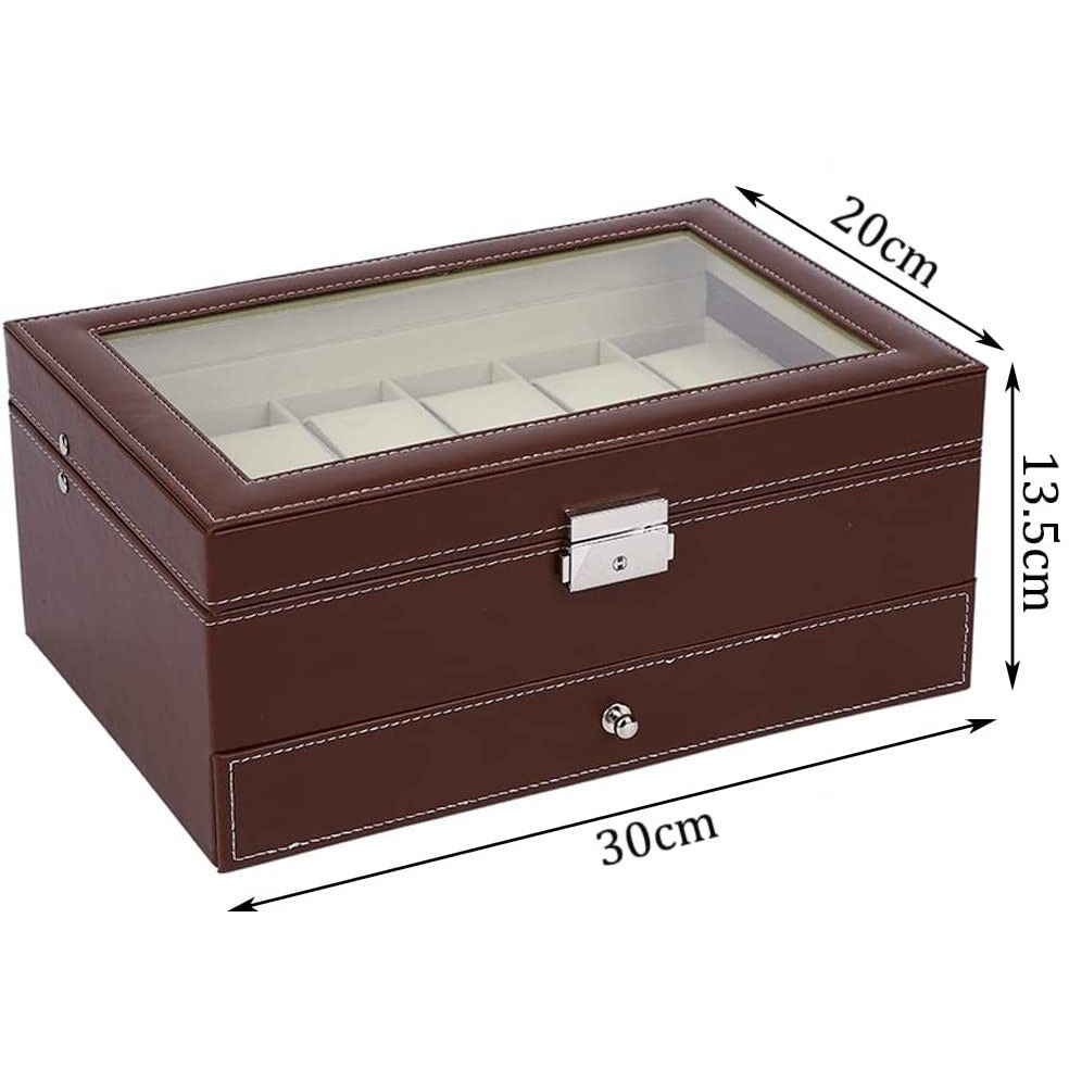 12 Slot PU Leather Lockable Watch and Jewelry Storage Boxes (Brown)