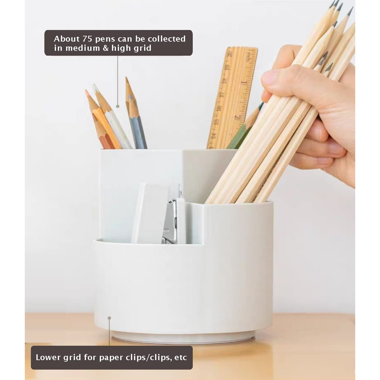 360 degree rotating multi-functional pen holder with 3 separate layer for office desk organiser (Grey)