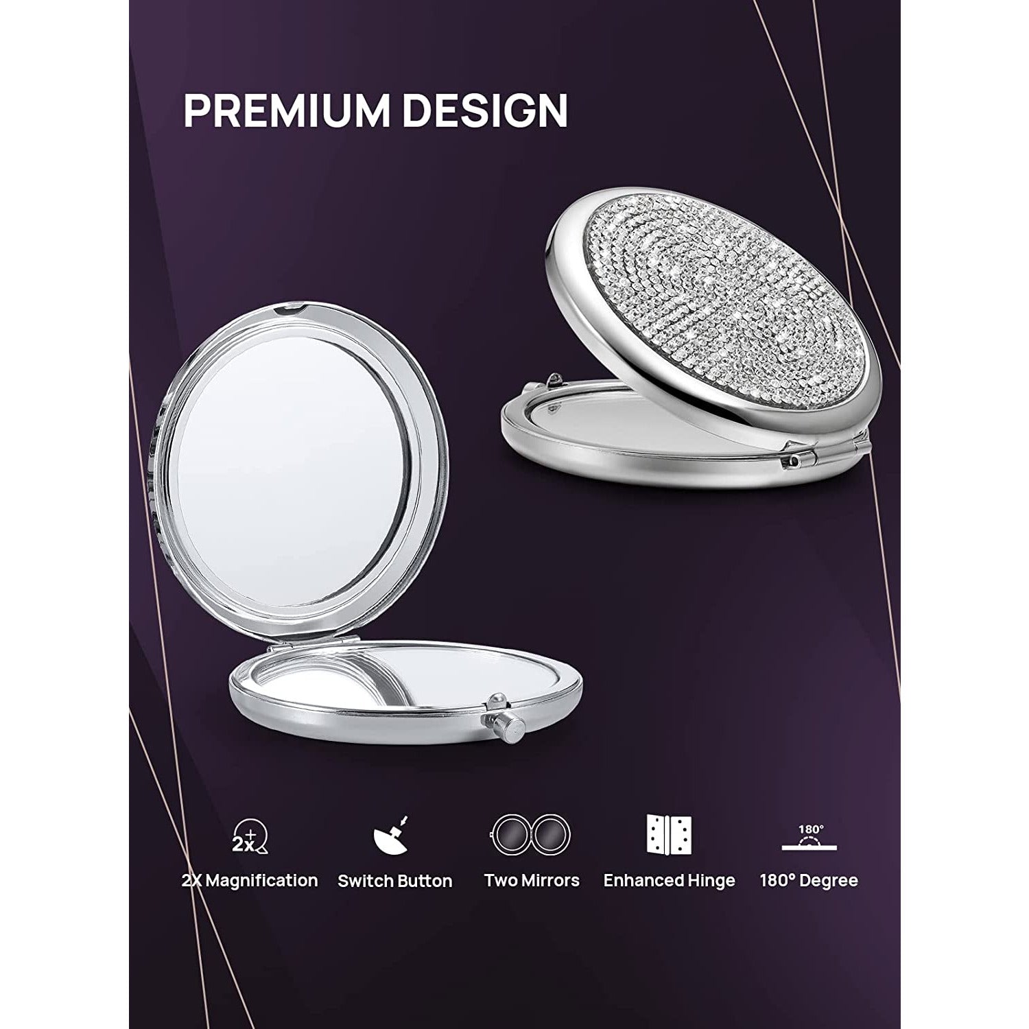 Mini Small Diamond 1X/2X Magnifying Round Metal Pocket Makeup Mirror (Silver)