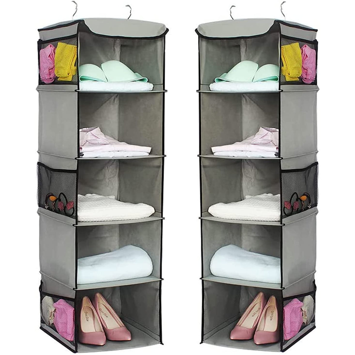 2 Pack 5 Foldable Shelf Hanging Closet Organizer Space Saver with Side Accessories Pockets for Clothes Storage