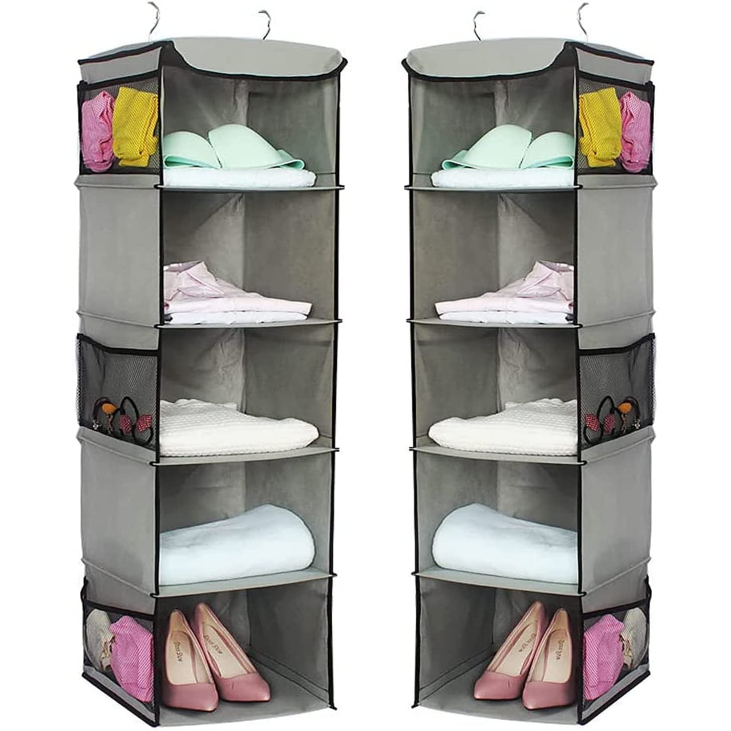 2 Pack 5 Foldable Shelf Hanging Closet Organizer Space Saver with Side Accessories Pockets for Clothes Storage