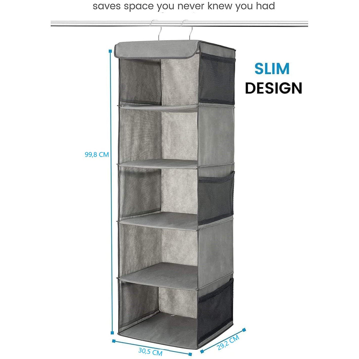 2 Pack 5 Foldable Shelf Hanging Closet Organizer Space Saver with Side Accessories Pockets for Clothes Storage