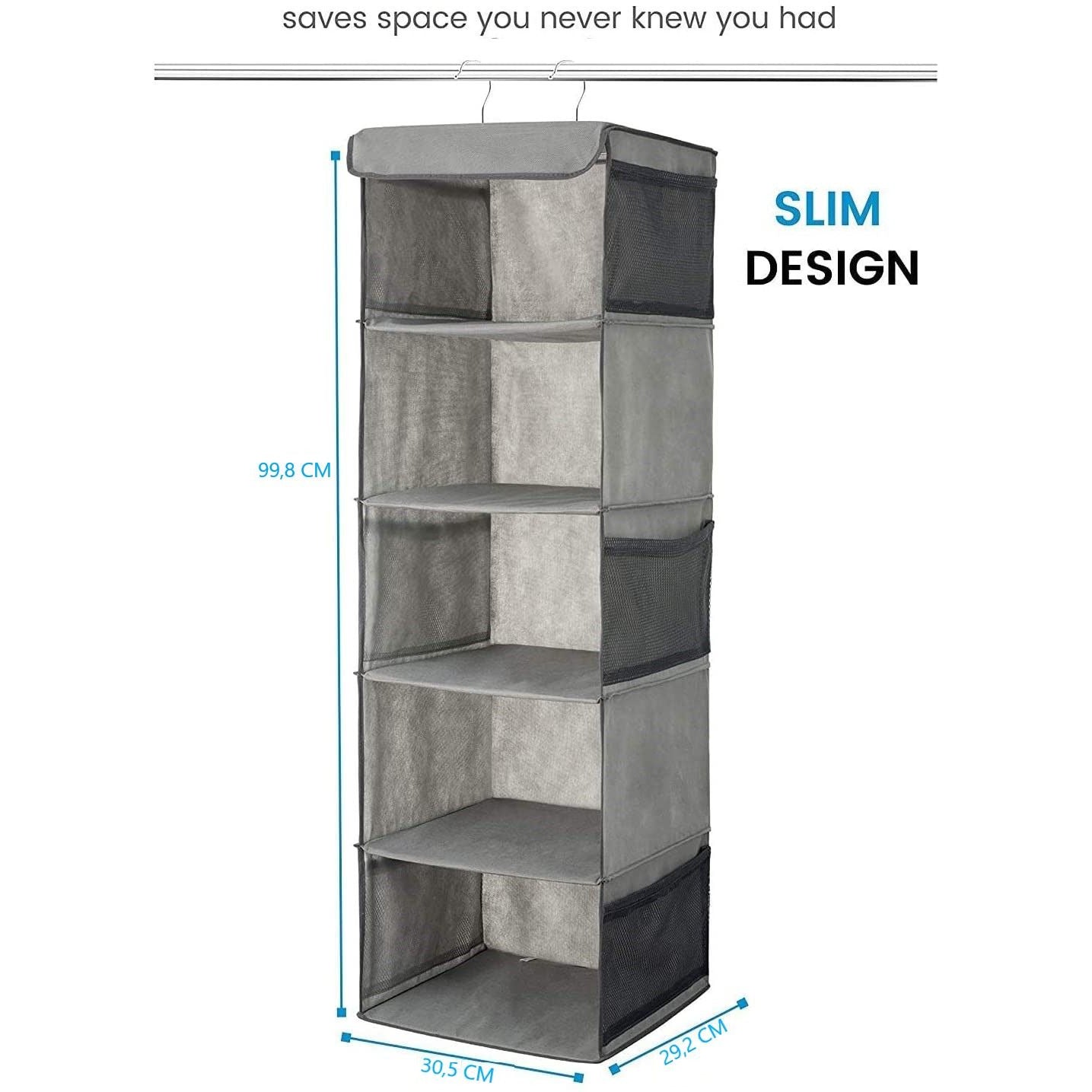 2 Pack 5 Foldable Shelf Hanging Closet Organizer Space Saver with Side Accessories Pockets for Clothes Storage