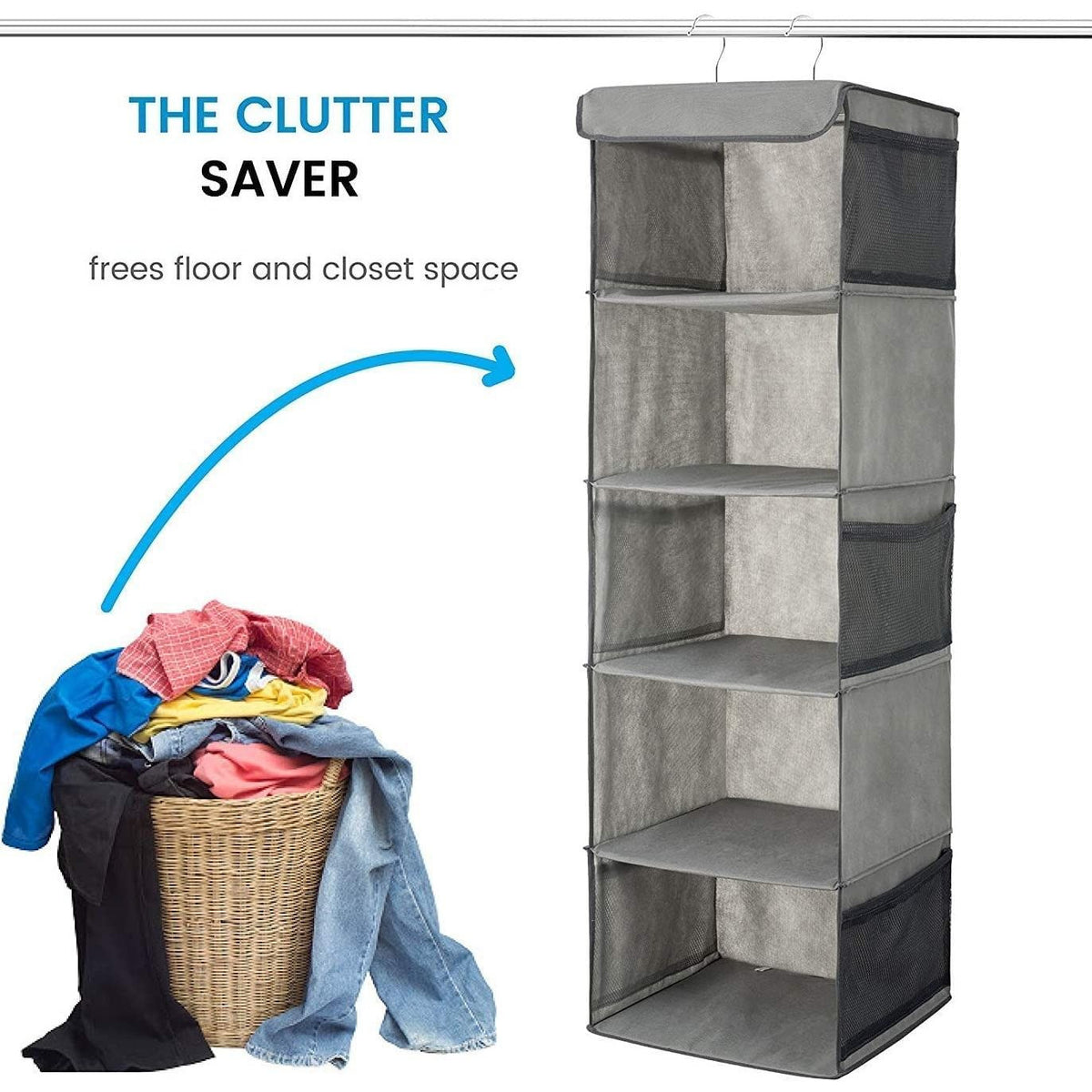 2 Pack 5 Foldable Shelf Hanging Closet Organizer Space Saver with Side Accessories Pockets for Clothes Storage