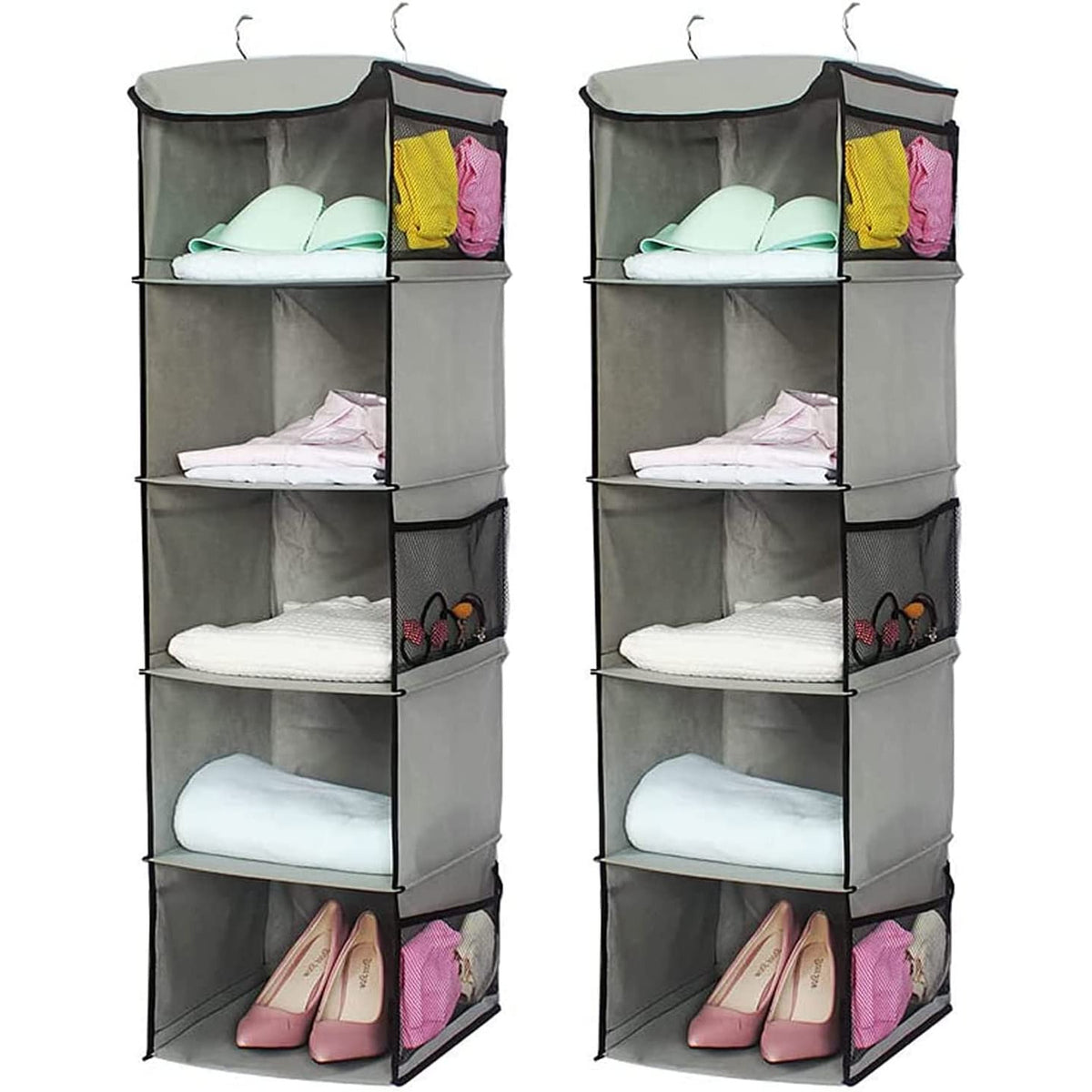 2 Pack 5 Foldable Shelf Hanging Closet Organizer Space Saver with Side Accessories Pockets for Clothes Storage