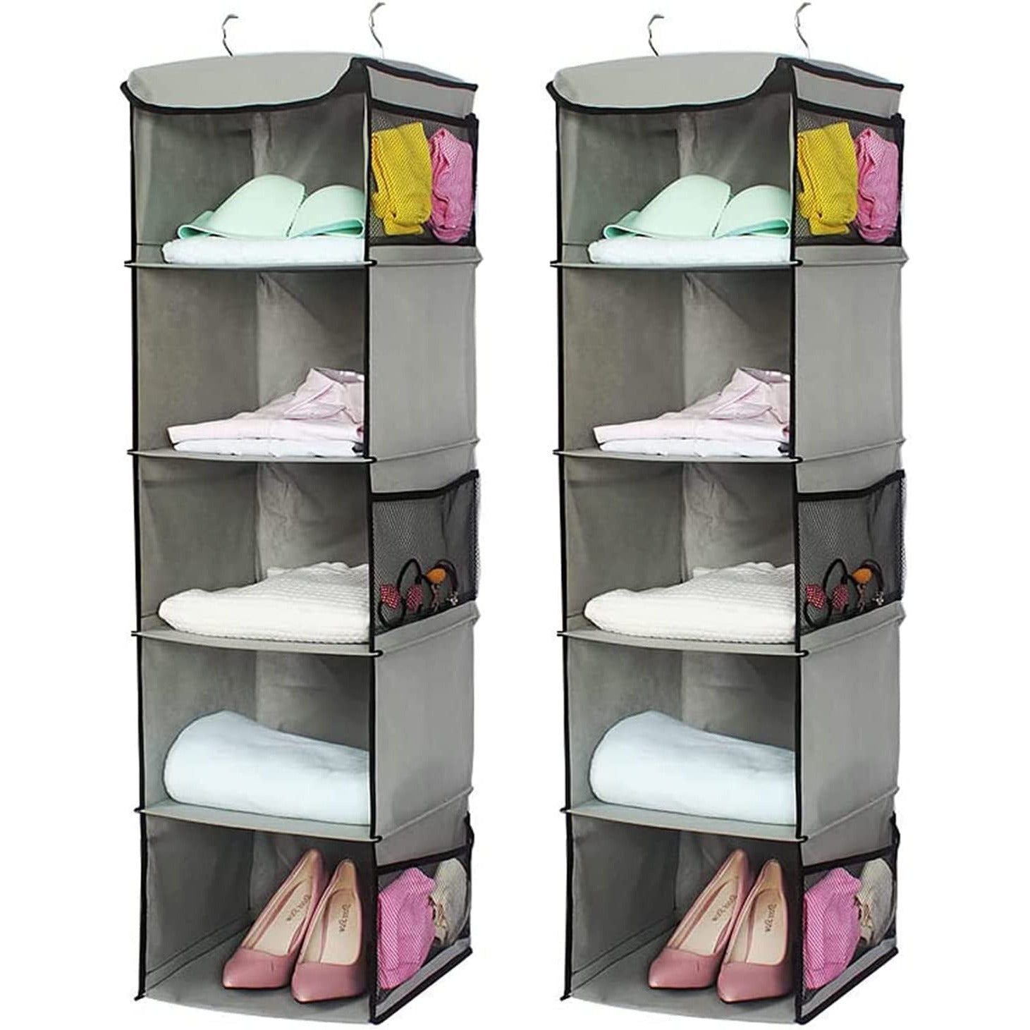 2 Pack 5 Foldable Shelf Hanging Closet Organizer Space Saver with Side Accessories Pockets for Clothes Storage