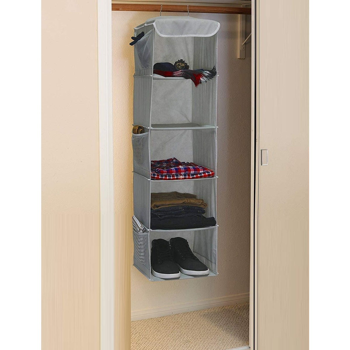 2 Pack 5 Foldable Shelf Hanging Closet Organizer Space Saver with Side Accessories Pockets for Clothes Storage