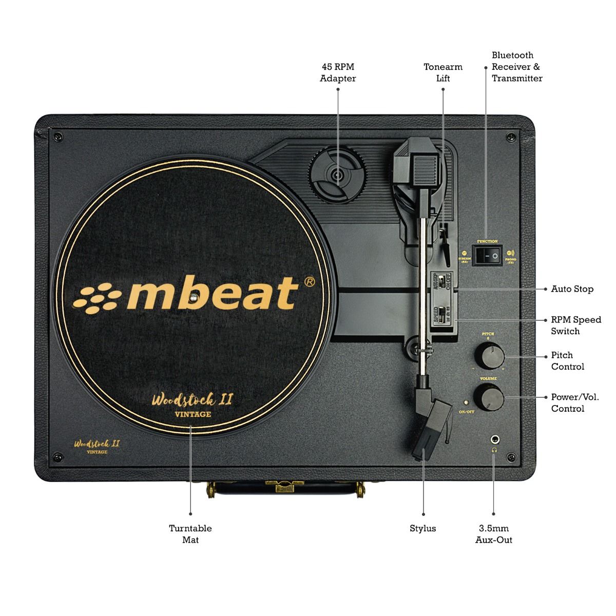 mbeat Woodstock II Black Retro Bluetooth (TX/RX) Turntable