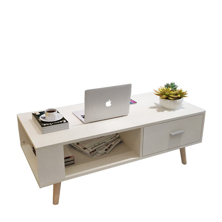 White Coffee Table Storage Drawer &amp; Open Shelf With Wooden Legs