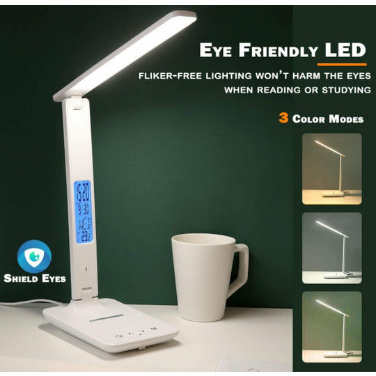 LED Desk Lamp with Fast Wireless Charger Clock Alarm Date Temperature
