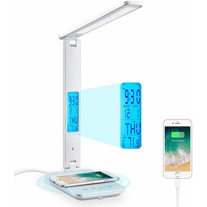 LED Desk Lamp with Fast Wireless Charger Clock Alarm Date Temperature