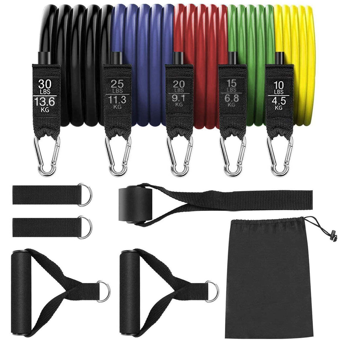 11 Piece Resistance Tube Bands Exercise Workout Bands Set Stackable With Handles &amp; Bag