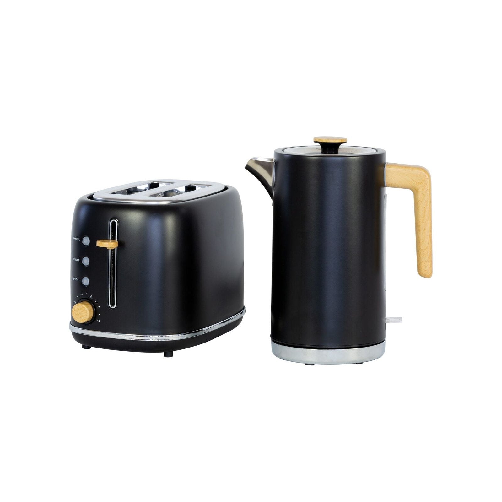 1.7L Kitchen Kettle and 2-Slice Bread Toaster Set in Black with Wood Accents