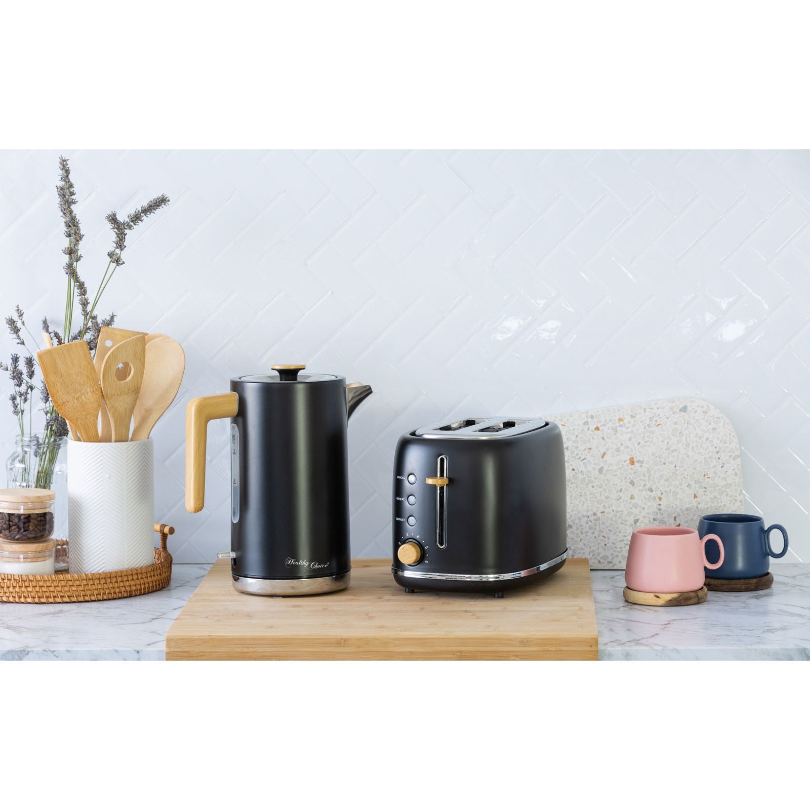 1.7L Kitchen Kettle and 2-Slice Bread Toaster Set in Black with Wood Accents