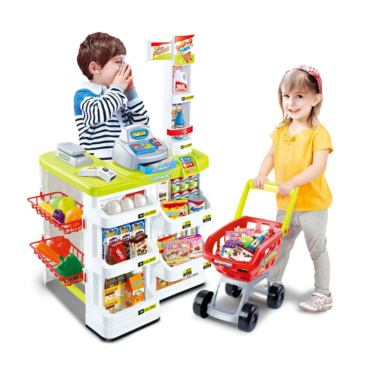Children&#39;s Home Supermarket w/ Toy Cash Register, Trolly, Fruit &amp; More