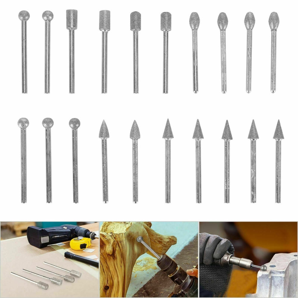 20pcs Diamond Grinding Heads Mini Drill Burrs Bit Set 3mm Shank for Rotary Tool