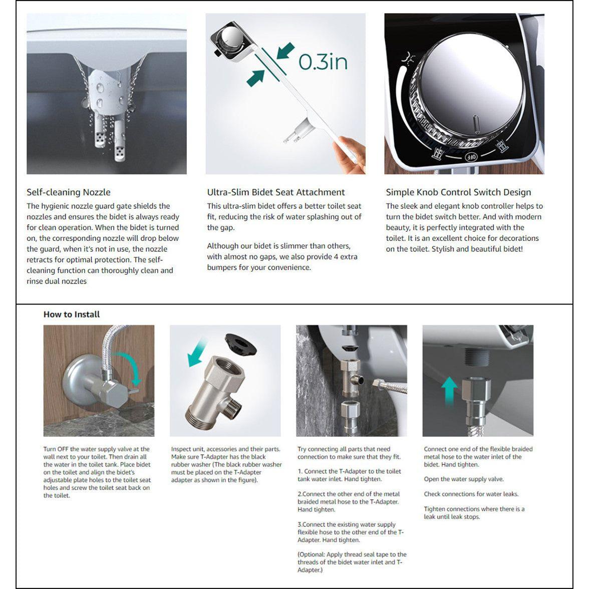 Toilet Bidet Seat Dual Nozzles Bidet Non Electric Toilet Water Sprayer Bathroom