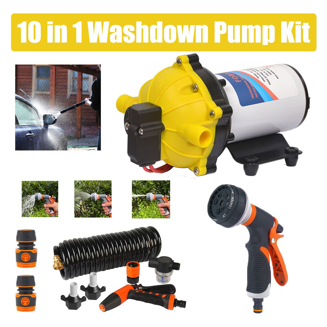 6.6GPM Washdown Pump Kit 12V Wash Pump w/ Hose Nozzle For Caravan RV Marine Boat