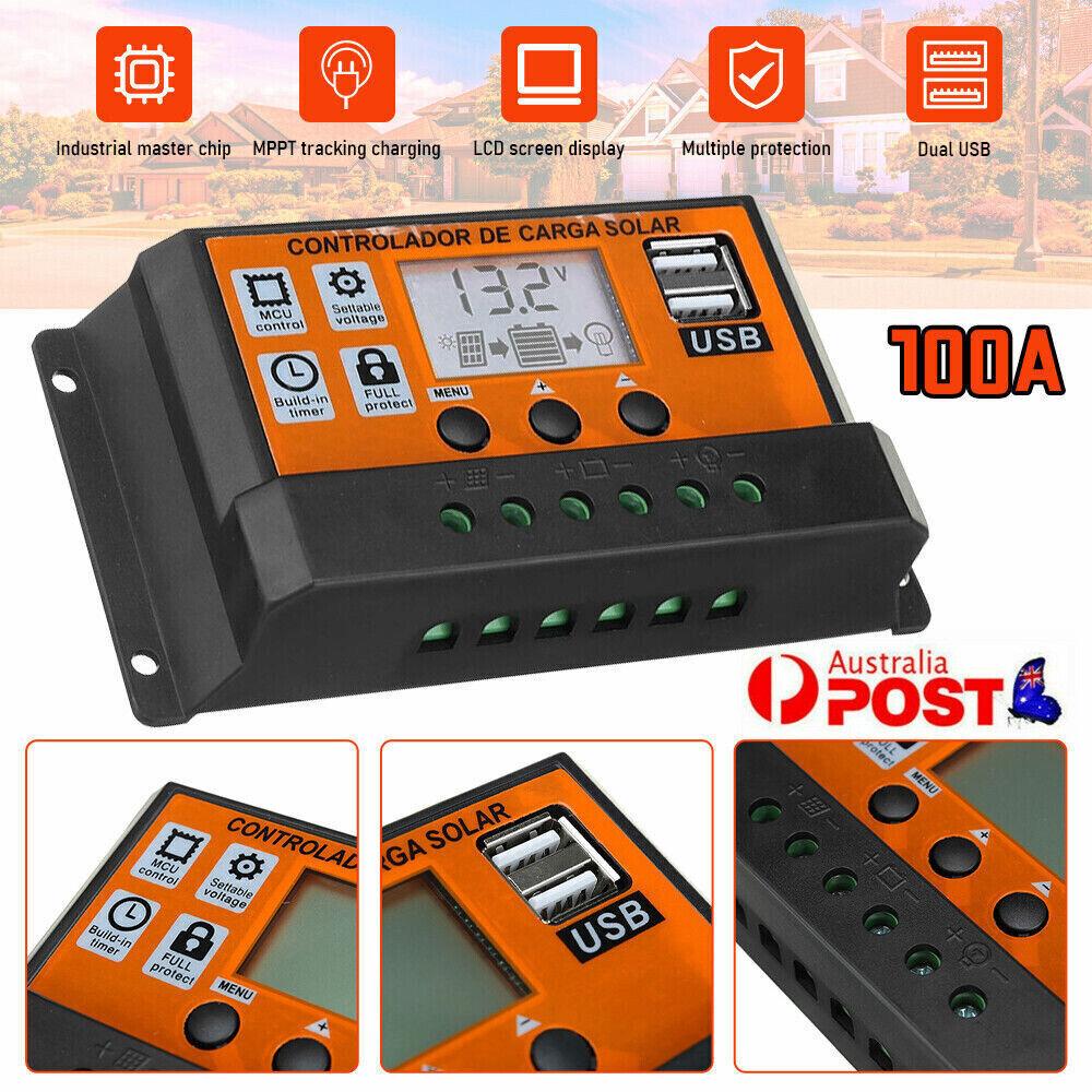 100A MPPT Solar Power Panel Regulator Charge LCD Controller 12V/24V Dual USB A