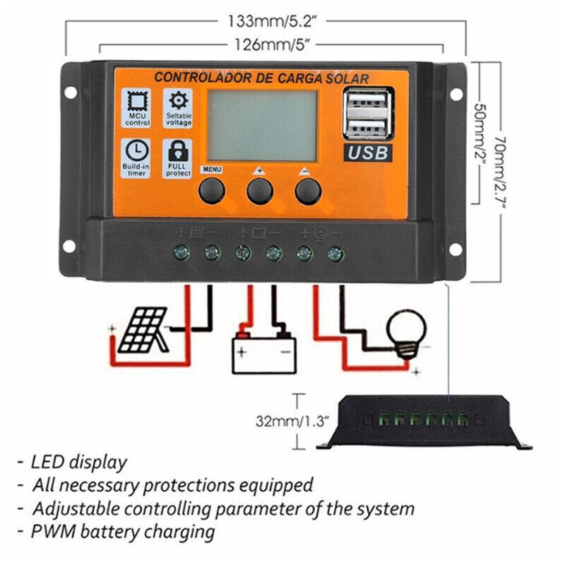 100A MPPT Solar Power Panel Regulator Charge LCD Controller 12V/24V Dual USB A