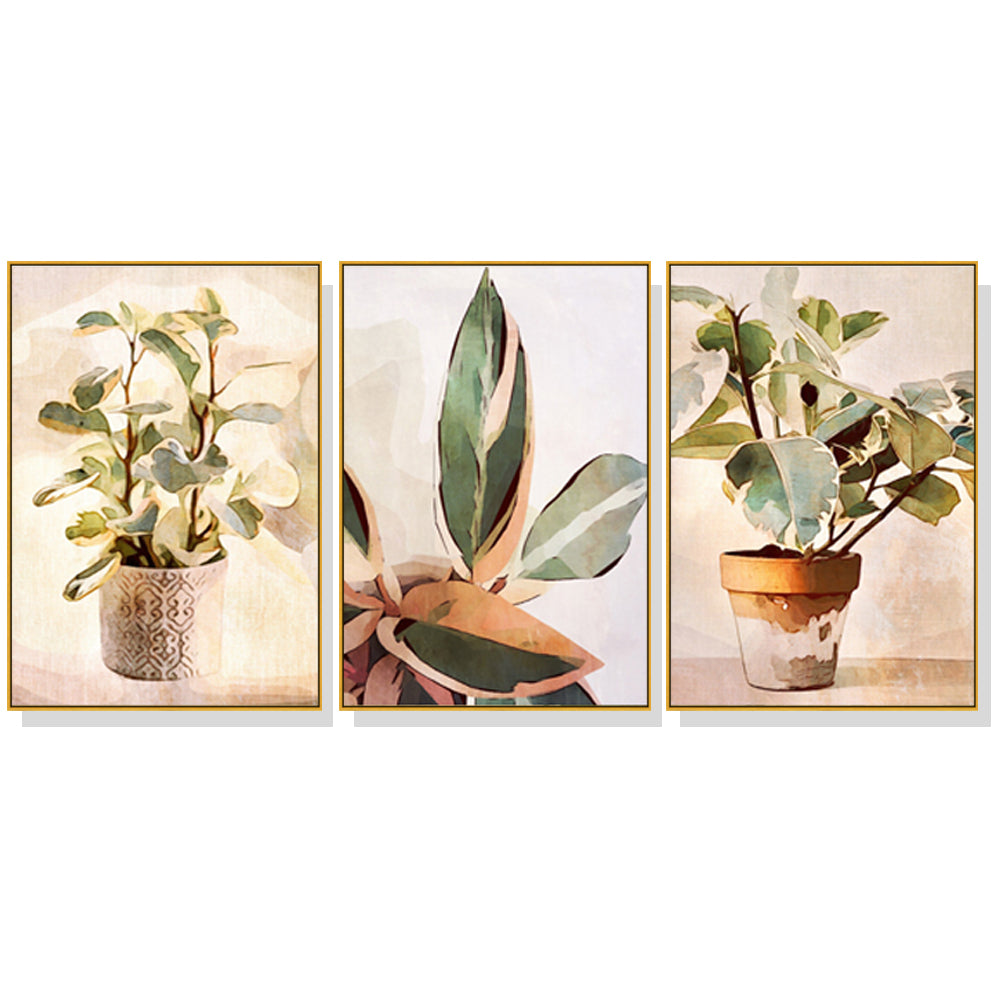 60cmx90cm Botanical Leaves Watercolor Style 3 Sets Gold Frame Canvas Wall Art