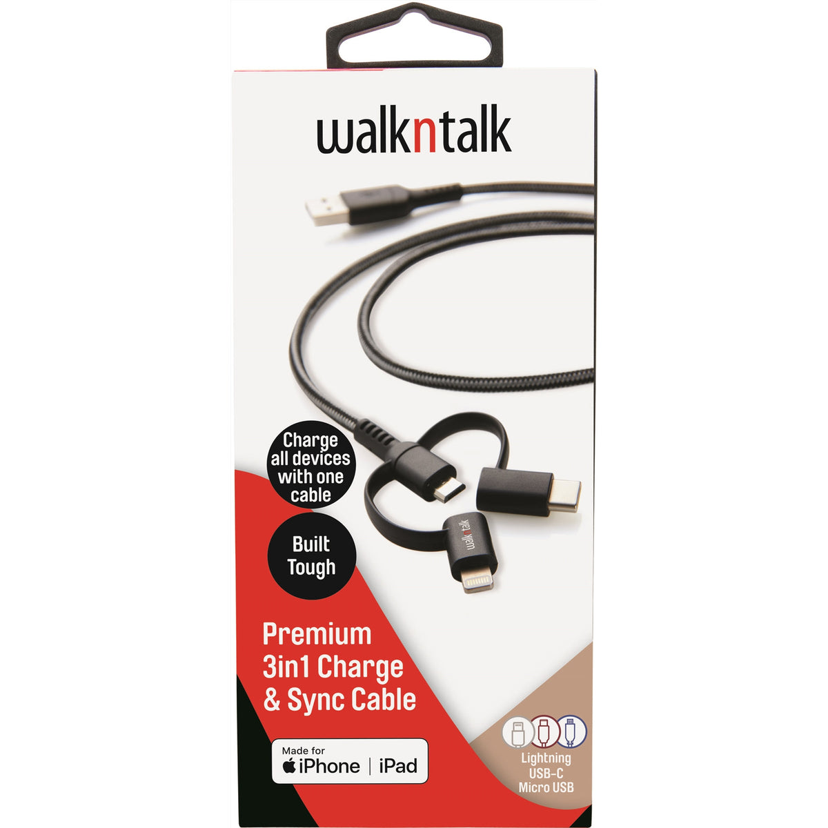 Walk n Talk 3in1 Charge &amp; Sync Cable Lightning/USB-C/Micro USB