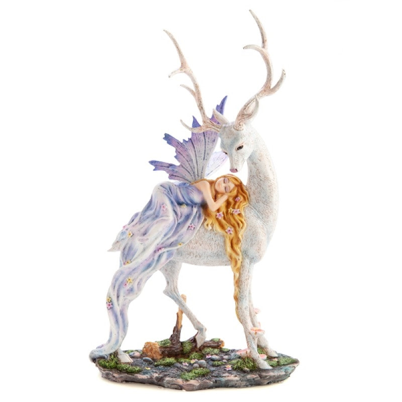 Woodland Fairy sleeping on Snow Deer Figurine