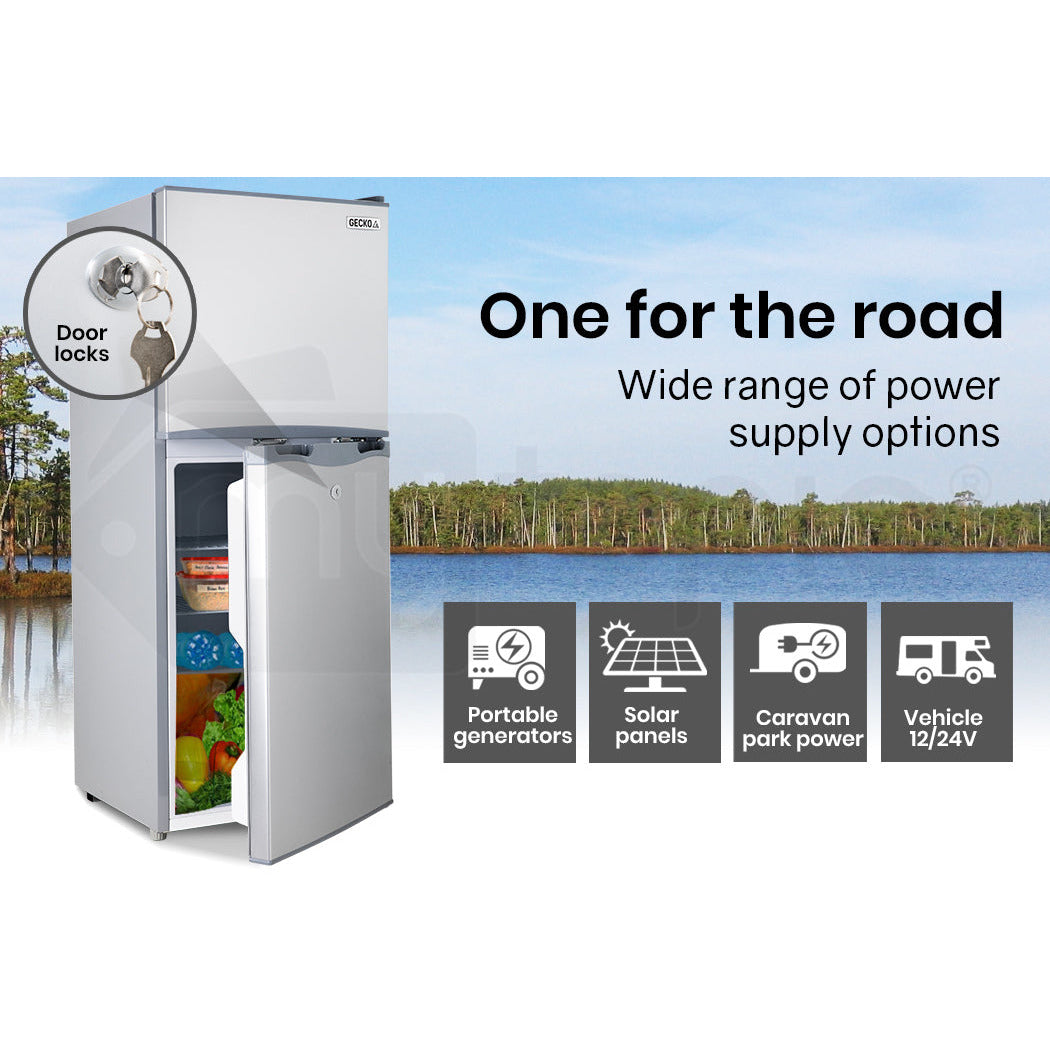 GECKO 125L Portable Fridge Freezer Camping Motorhome Caravan Upright Fridges 12V/24V/240V, Silver